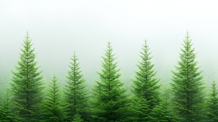 Obraz premium A group of tall green trees in a foggy forest