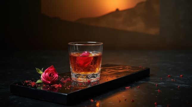 Glass of aragh sagi with rose in Iranian desert at sunset