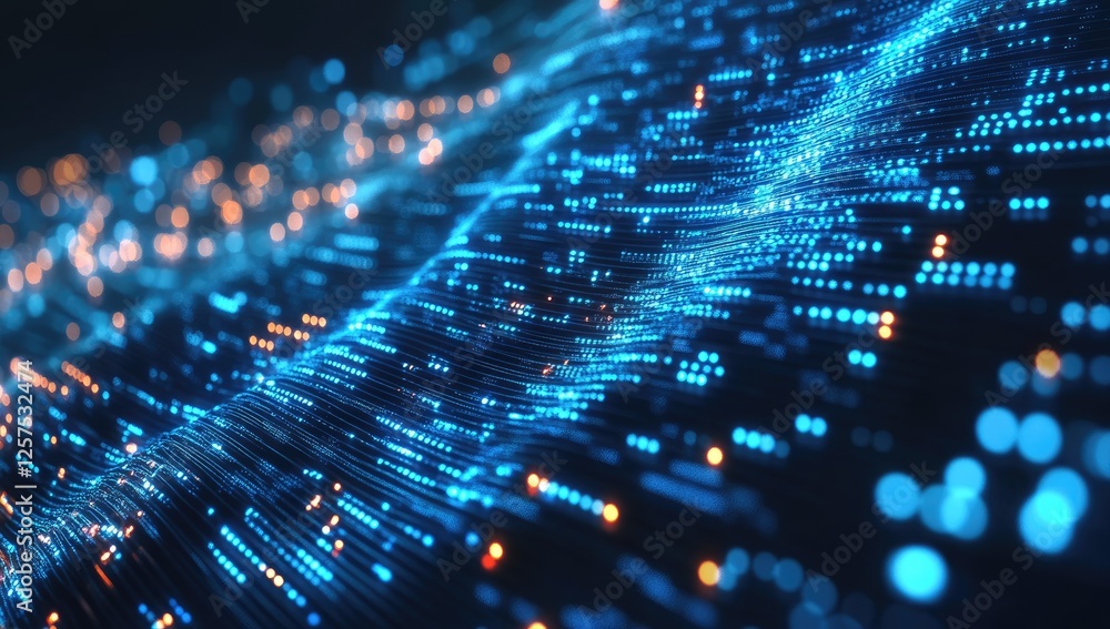 Poster Abstract data wave, digital network, glowing lines, city lights background.  Possible use Technology poster
