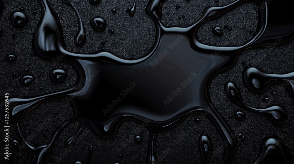 Poster a dark, glossy liquid pools on a textured black surface, creating an abstract and visually striking 
