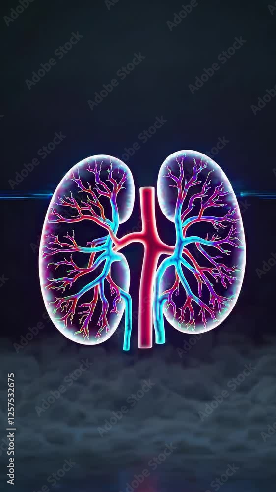Poster futuristic kidneys pulsating with vibrant blue and red energy, surrounded by swirling mist, creating