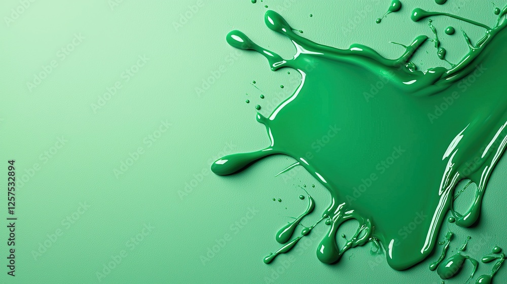 Poster a vibrant splash of green paint against a soft green background, creating an artistic and dynamic vi