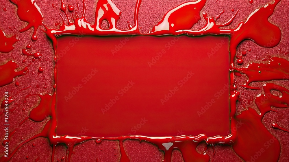Poster a vibrant red background featuring a rectangular frame, surrounded by splashes of red liquid paint, 