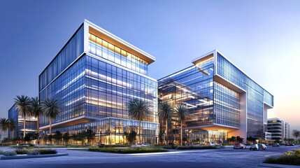 angular office buildings perspective, sophisticated urban design, glass tower blocks, evening business environment, structured architectural patterns, warm-lit windows, metropolitan buildings, clean