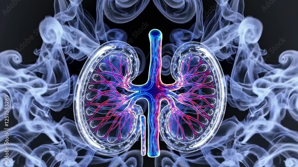 Poster futuristic kidneys pulsating with vibrant blue and red energy, surrounded by swirling mist, creating
