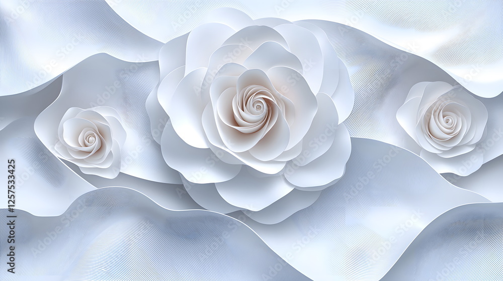 Poster white roses arranged elegantly on soft textured fabric with gentle folds and subtle shadows in a ser