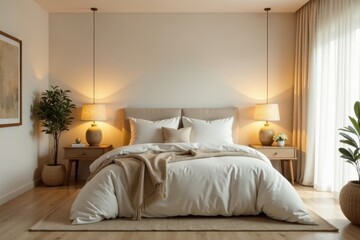 Fototapeta premium Serene Bedroom Interior Design Featuring a Comfortable King-Size Bed with Neutral Color Palette and Soft Lighting