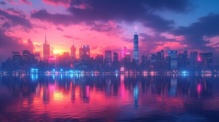 Naklejka premium Pink sunset cityscape reflection vibrant city lights