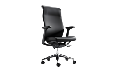 A black office chair with ergonomic features, isolated on a empty plain background