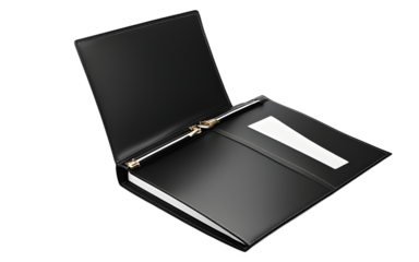 A binder with a black cover and a clear front pocket, isolated on a empty plain background