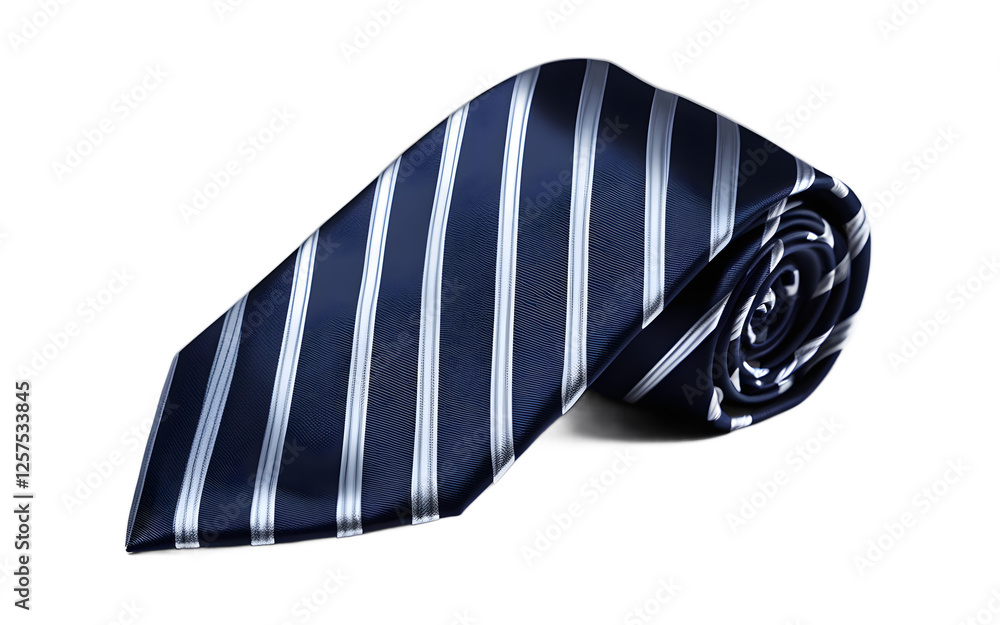 Poster a classic tie with diagonal stripes in dark blue and silver, isolated on a empty plain background