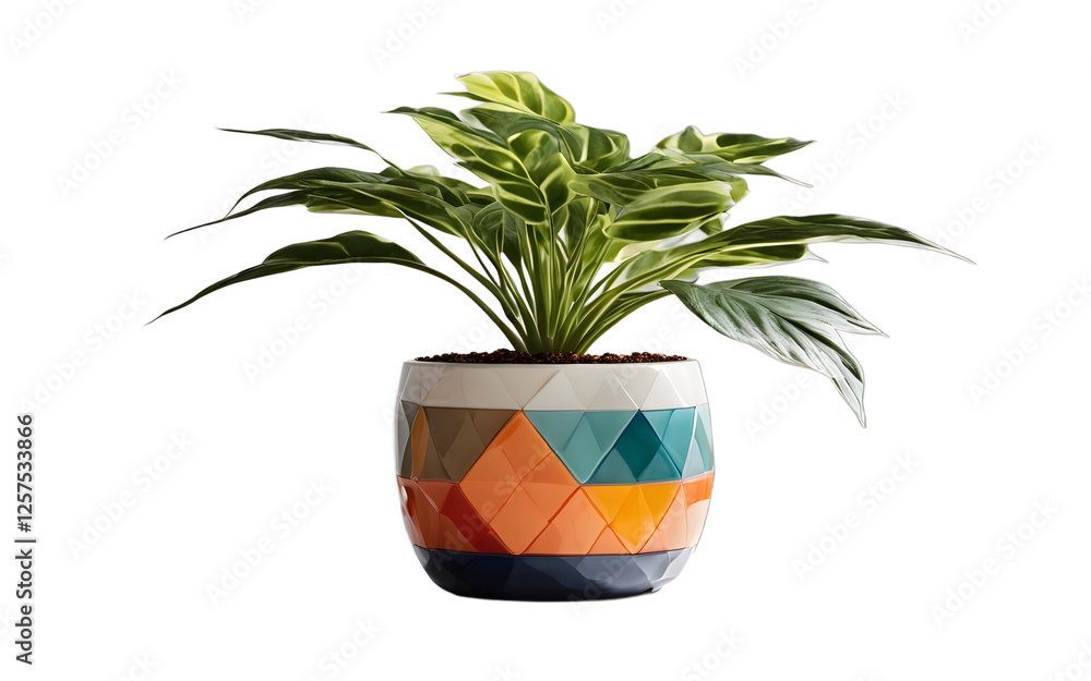 Poster A colorful desk plant in a ceramic pot with geometric patterns, isolated on a empty plain background