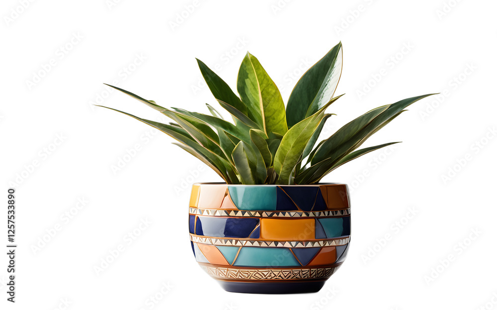 Poster A colorful desk plant in a ceramic pot with geometric patterns, isolated on a empty plain background