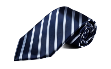A classic tie with diagonal stripes in dark blue and silver, isolated on a empty plain background