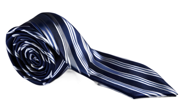 A classic tie with diagonal stripes in dark blue and silver, isolated on a empty plain background