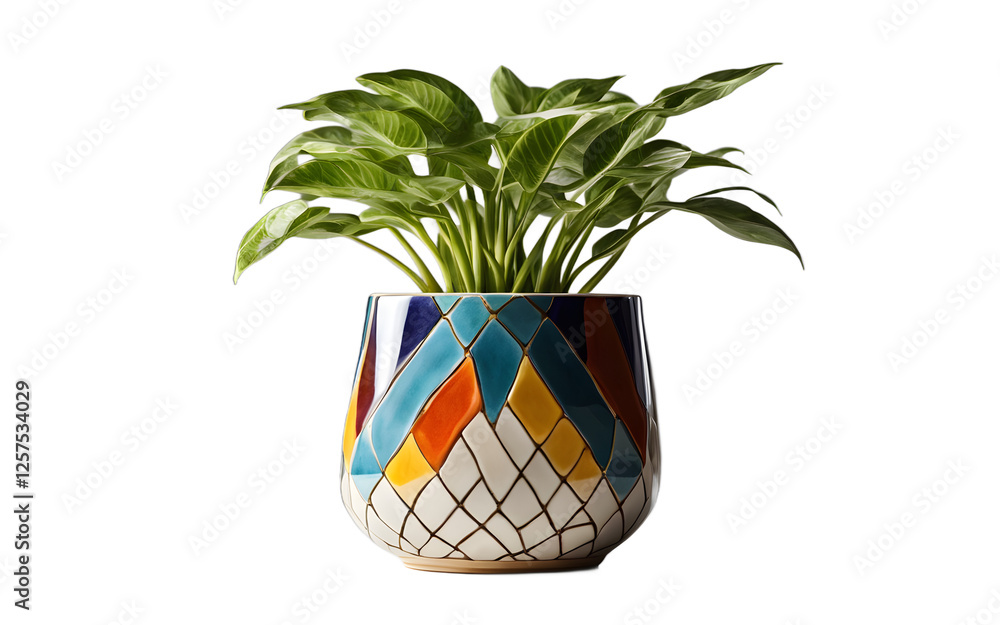 Aufkleber a colorful desk plant in a ceramic pot with geometric patterns, isolated on a empty plain background