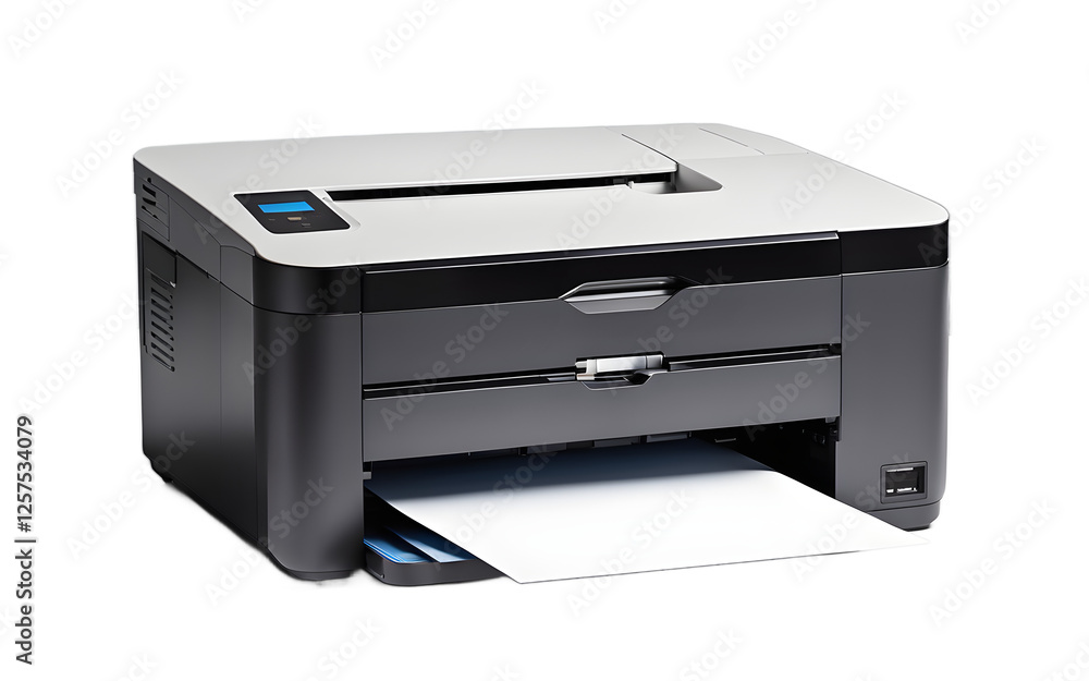 Poster A desktop printer with a paper tray, isolated on a empty plain background