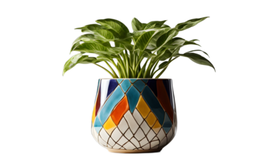 A colorful desk plant in a ceramic pot with geometric patterns, isolated on a empty plain background