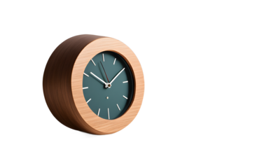 A desk clock with a minimalist design and wood accents, isolated on a empty plain background