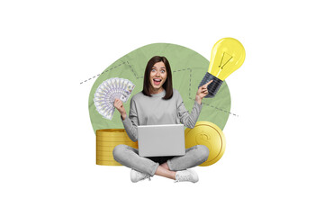 Creative artwork sketch collage illustration picture of cheerful excited surprised lady freelance...