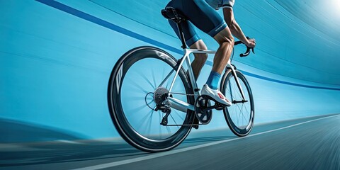 Cyclist racing through a futuristic blue tunnel