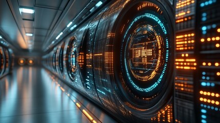 Fototapeta premium Futuristic Data Center Corridor with Illuminated Servers