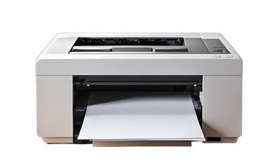 A desktop printer with a paper tray, isolated on a empty plain background