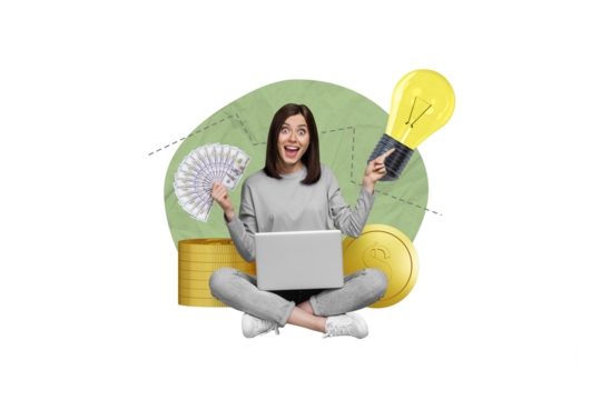 Creative artwork sketch collage illustration picture of cheerful excited surprised lady freelance worker advertise good job