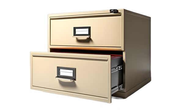 A desktop filing cabinet with two drawers, isolated on a empty plain background