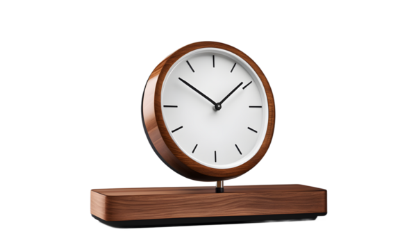 A desk clock with a minimalist design and wood accents, isolated on a empty plain background