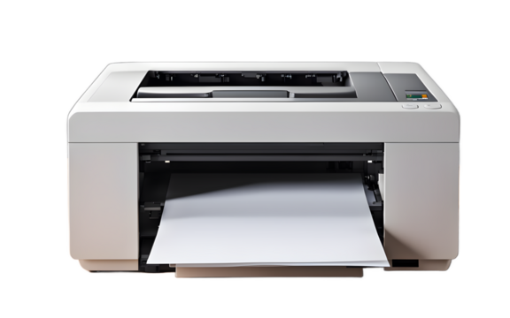 A desktop printer with a paper tray, isolated on a empty plain background