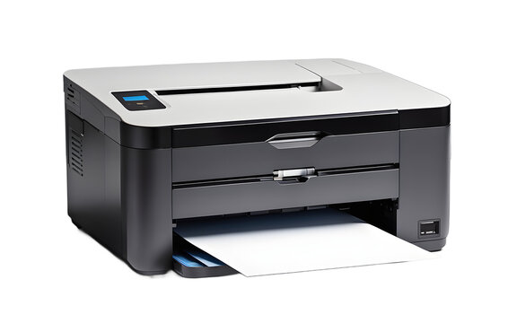 A desktop printer with a paper tray, isolated on a empty plain background