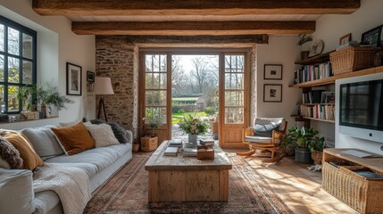 Rustic living room, sunlight streams, cozy atmosphere.