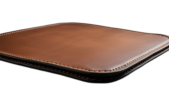 A high-quality leather mouse pad with a stitched border, isolated on a empty plain background