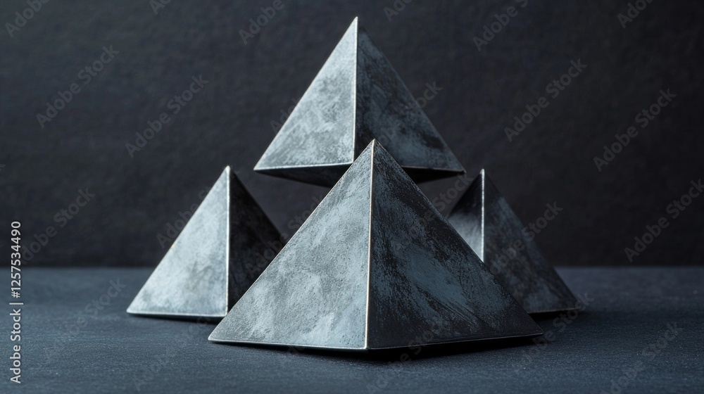 Poster Intricate prism-shaped pyramids create a harmonious arrangement, casting subtle shadows on a black gray surface, inviting viewers into a world of geometric elegance and depth