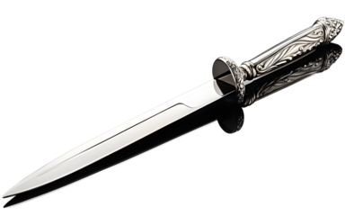 A letter opener with a polished stainless steel blade, isolated on a empty plain background