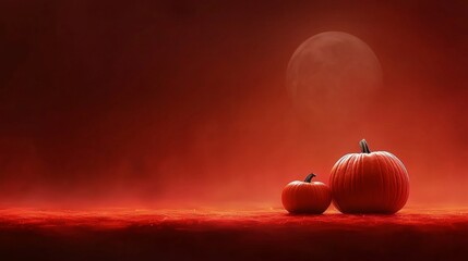 A couple of pumpkins sitting on top of a red surface
