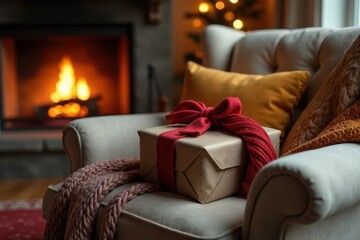 Fototapeta premium Cozy armchair with a festively wrapped gift and warm knit throws near a fireplace