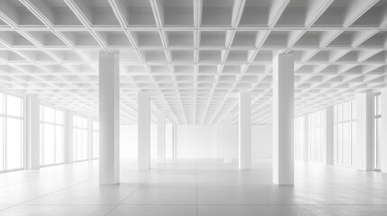 Fototapeta premium office building interior progress, unfinished ceiling grid, contemporary commercial space, bright white walls, architectural photography, building materials on floor, industrial renovation scene,