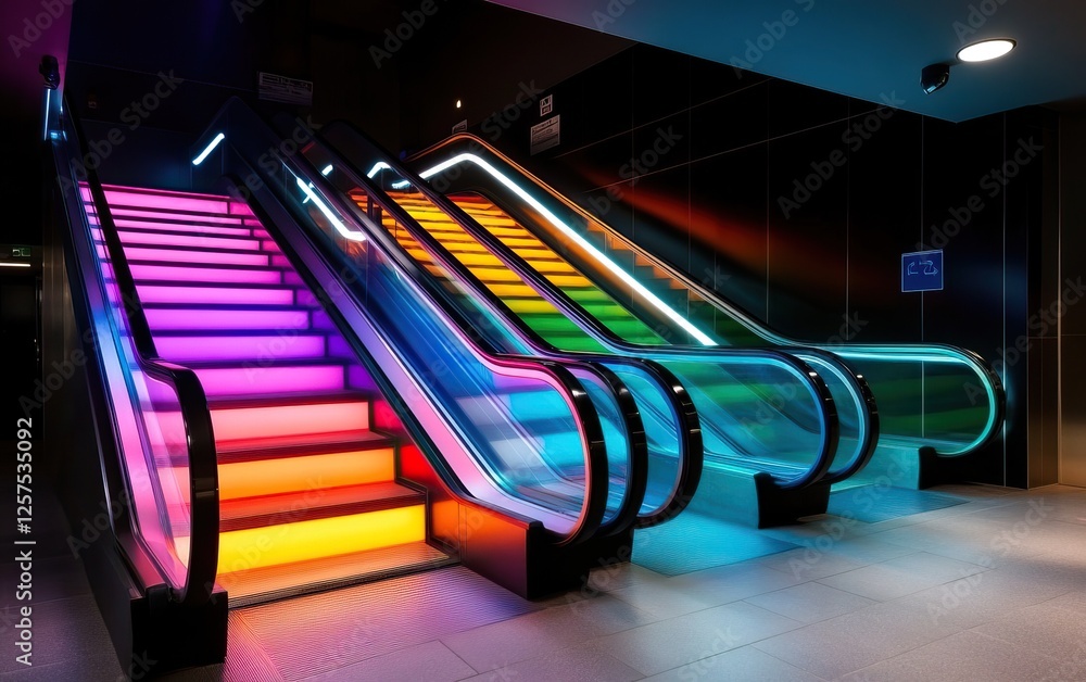 Aufkleber a vibrant escalator display features colorful, illuminated steps, creating a striking visual contras