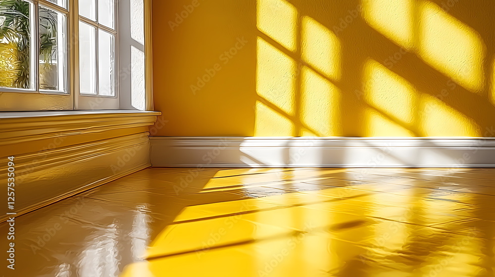 Poster bright yellow room with sunlight casting shadows on the floor and a window reflecting light in an in