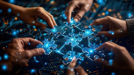 Futuristic digital multiple hands assembling glowing puzzle pieces on high-tech circuit board, symbolizing artificial intelligence, collaboration, big data, cyber connections, problem-solving.