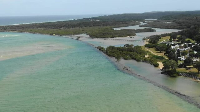 Bellinger River estuary and Urunga Boardwalk, New South Wales, Australia. Aerial drone panoramic view