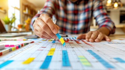 Fototapeta premium Hands arranging colorful sticky notes on a detailed project timeline, representing planning, scheduling, and organization in business management...