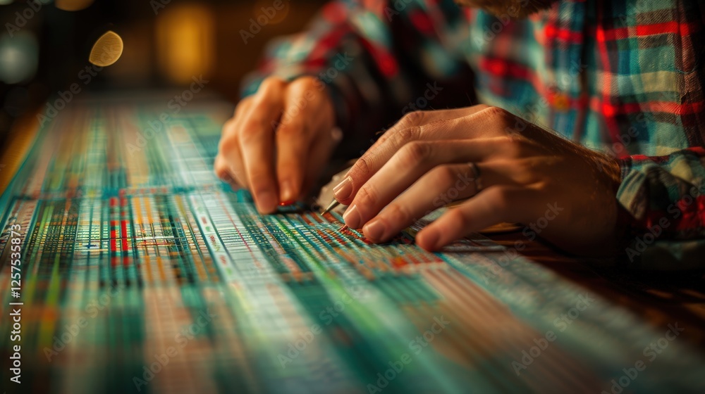Poster hands adjusting data points on a complex chart, representing detailed analytics, precision planning,