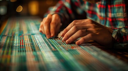 Hands adjusting data points on a complex chart, representing detailed analytics, precision planning, and strategic decision-making...