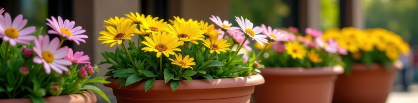Bright daisies in large terracotta planters with flowers, terracotta pots, garden centerpieces, colorful flowers