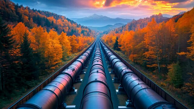 Oil gas pipeline aerial view vibrant autumn forest sunset mountain landscape. Energy infrastructure environmental impact presentations documentaries corporate videos news reports b-roll.