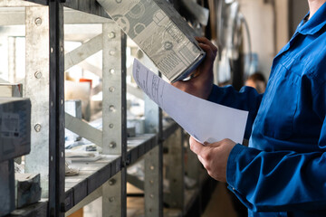 Worker works in a spare parts warehouse