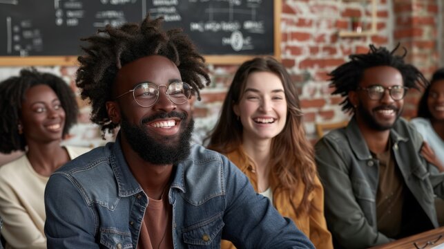 Diverse group young professionals enjoying teamwork, creativity, and collaboration in casual office setting, reflecting motivation, success, positive energy, inspiration, friendly workplace culture.